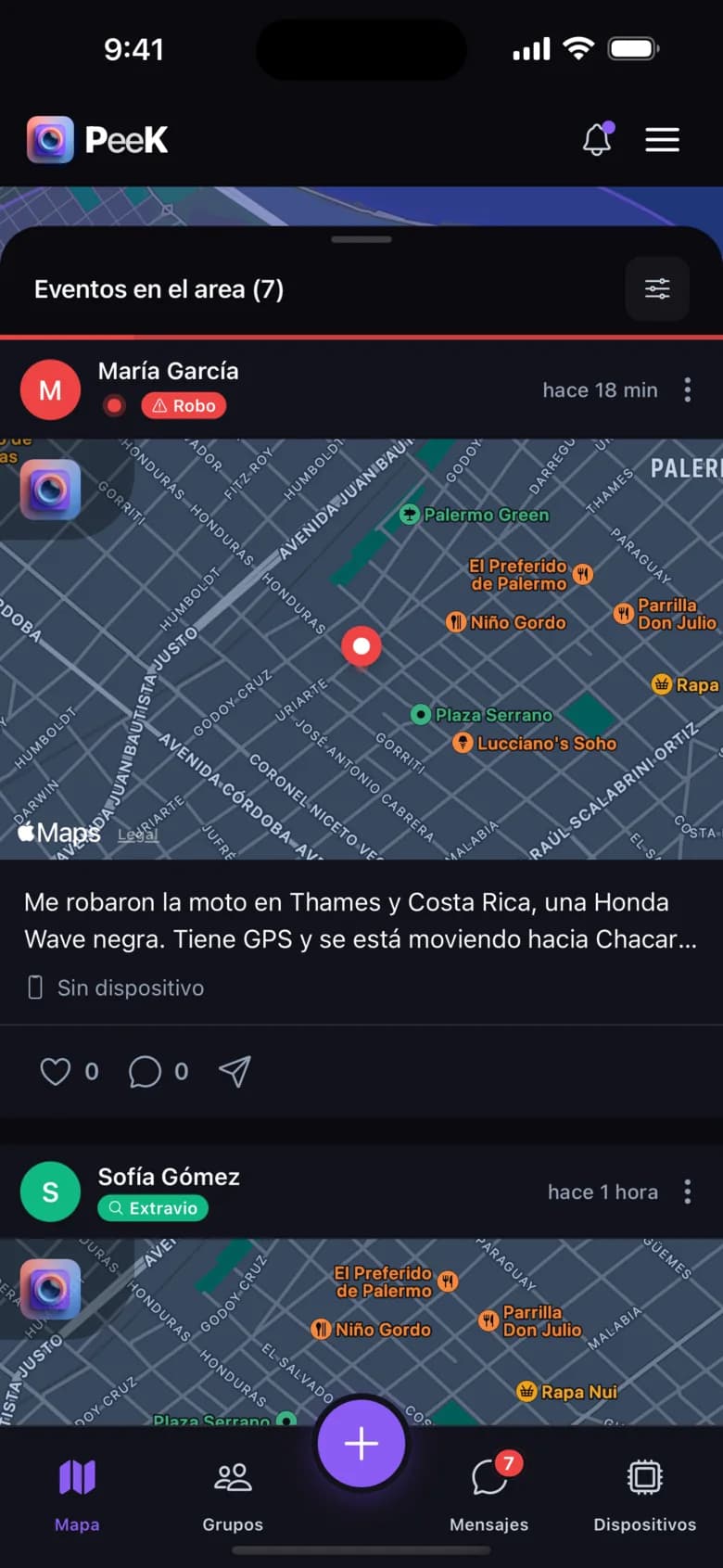 Feed de eventos del área en PeeK, con un extravío y un robo publicados por vecinos